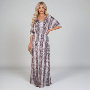 Hazel Blues Maxi Dress XL White Pink Snakeskin Print Lower Side Slits Tie Back